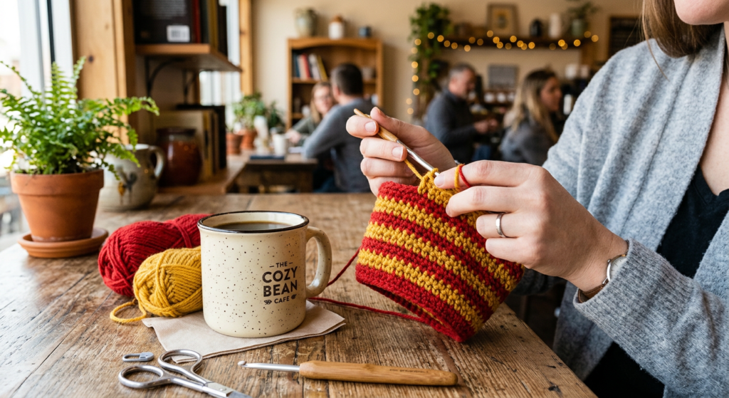 Crochet cup cozy being stitched with red and yellow yarn stripes.