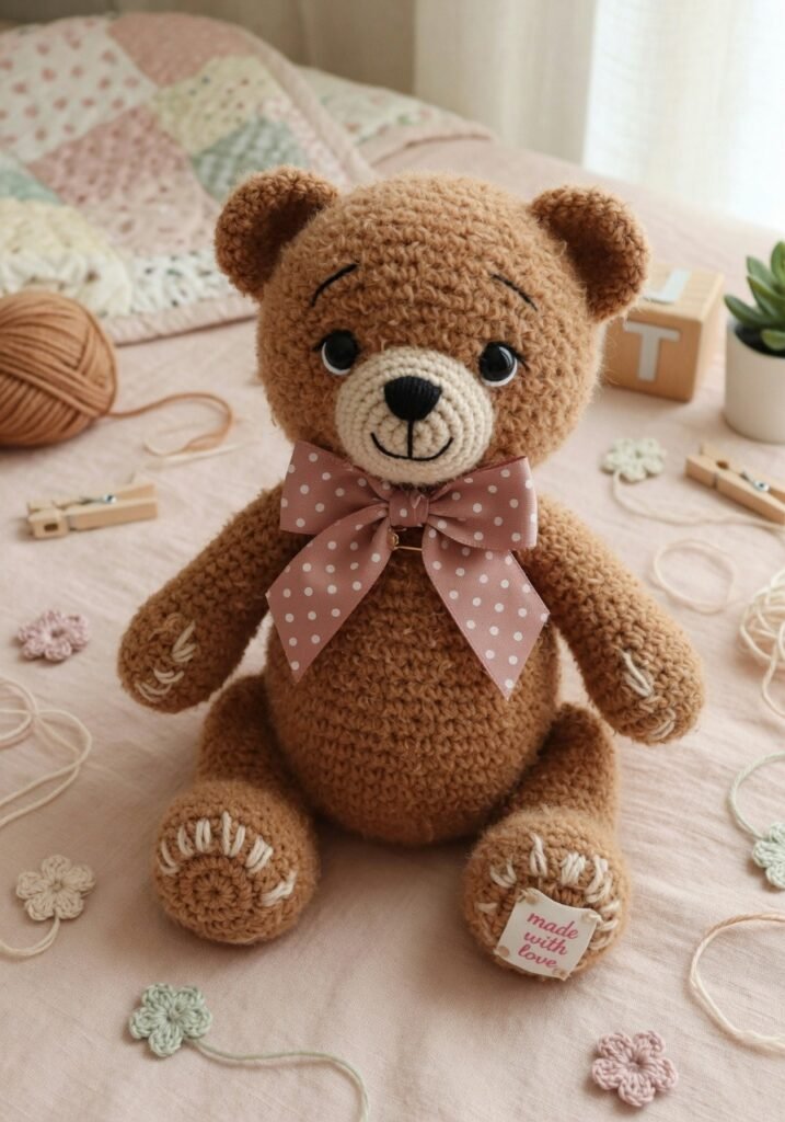 Finished crochet teddy bear wearing a handmade bow tie sitting on a cozy blanket.