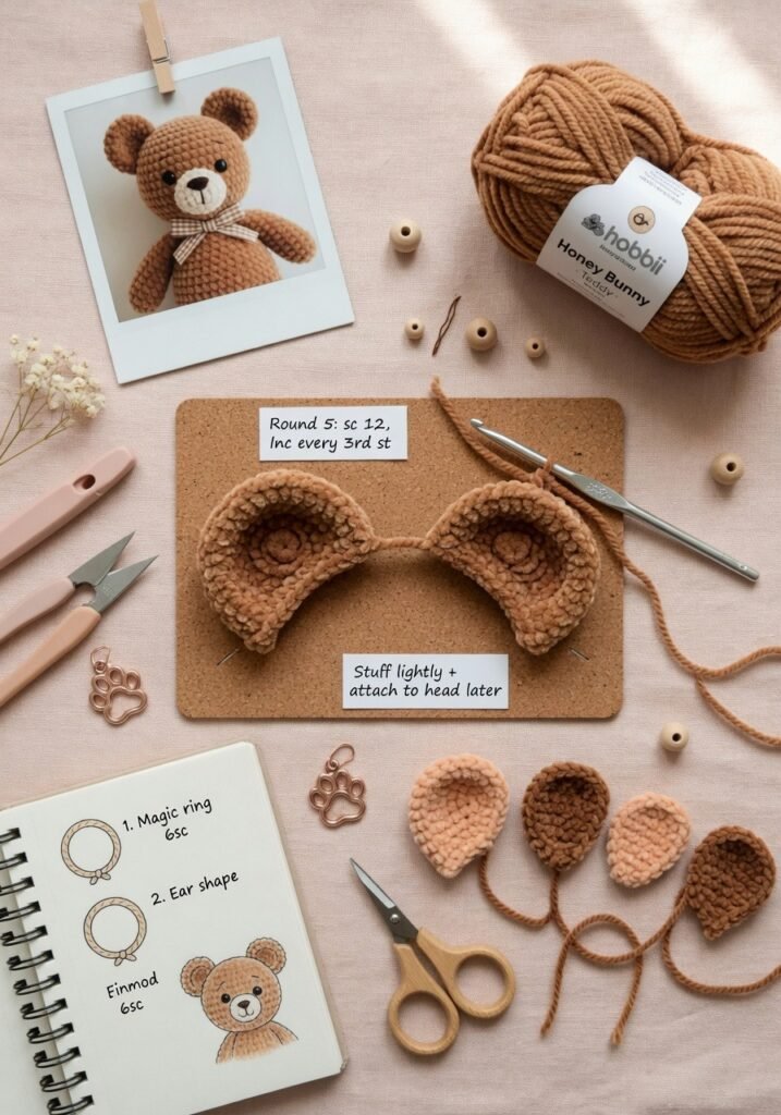 Crochet teddy bear ears being sewn onto the finished amigurumi head.