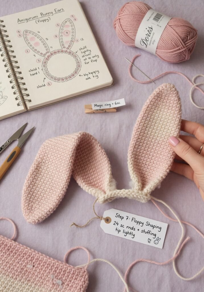Close-up of handmade crochet bunny ears in soft pink yarn with amigurumi pattern notes and crafting tools on a pastel fabric background. 