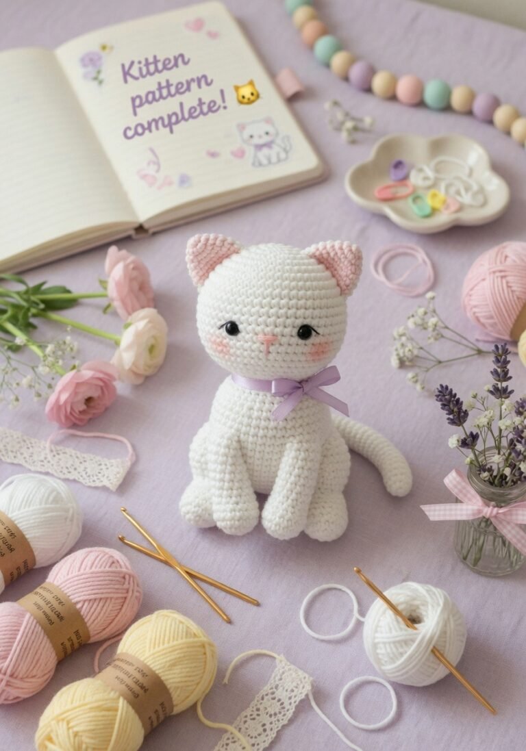 Completed crochet white kitten displayed in a cozy craft setting