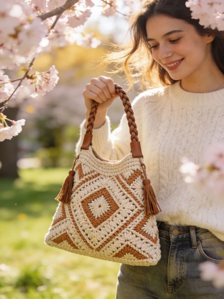 Woman carrying a handmade crochet trapeze bag outdoors.