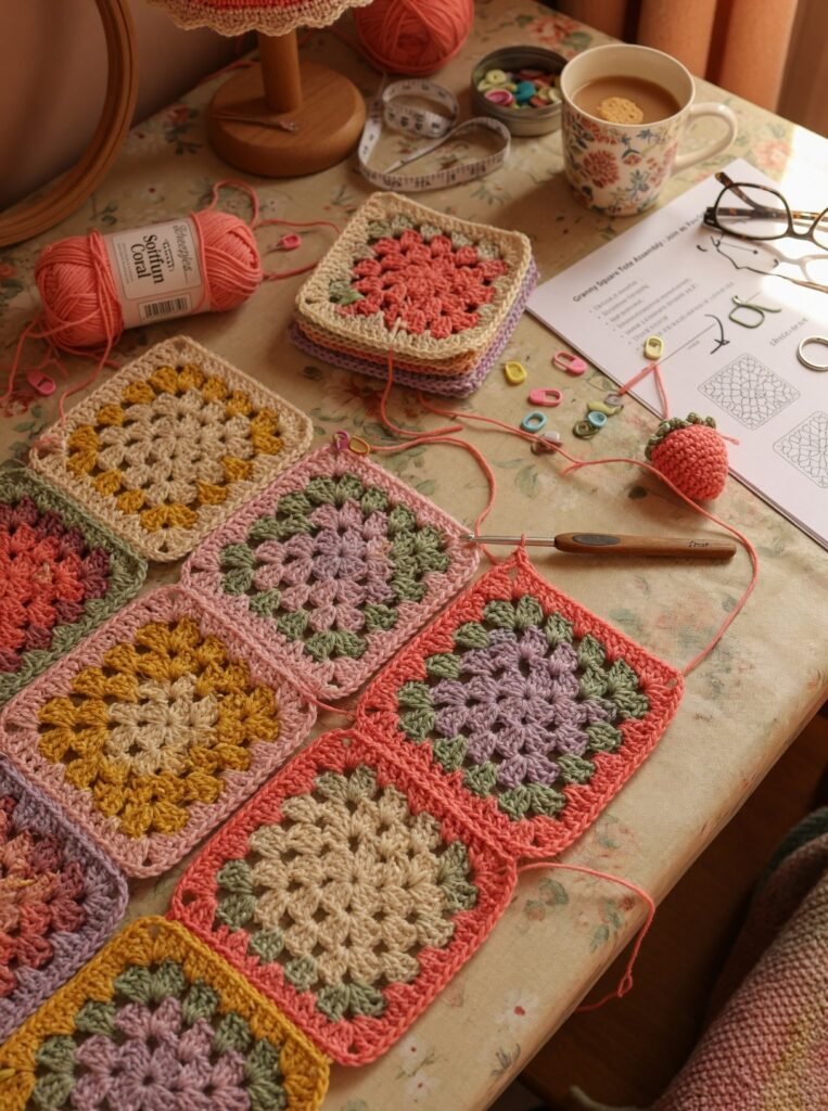Joining crochet handbag pieces together with slip stitches.