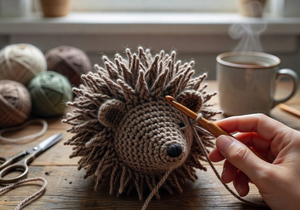 Crochet hedgehog body being stitched with textured spikes.