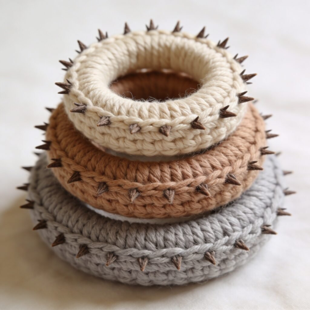 Crochet stacking rings designed with hedgehog textures.