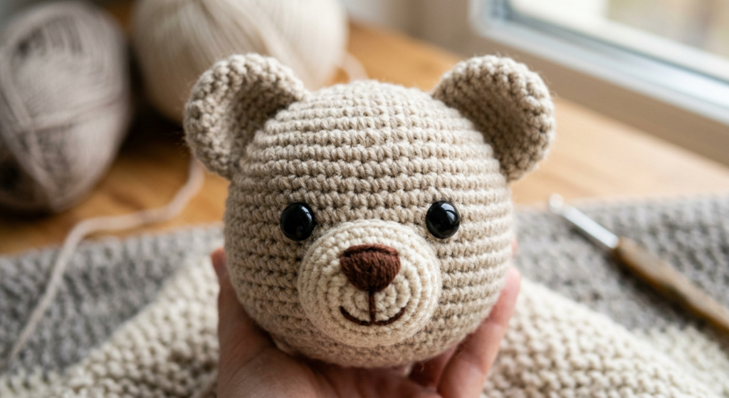 Close-up of a crochet teddy bear head with embroidered nose and safety eyes.
