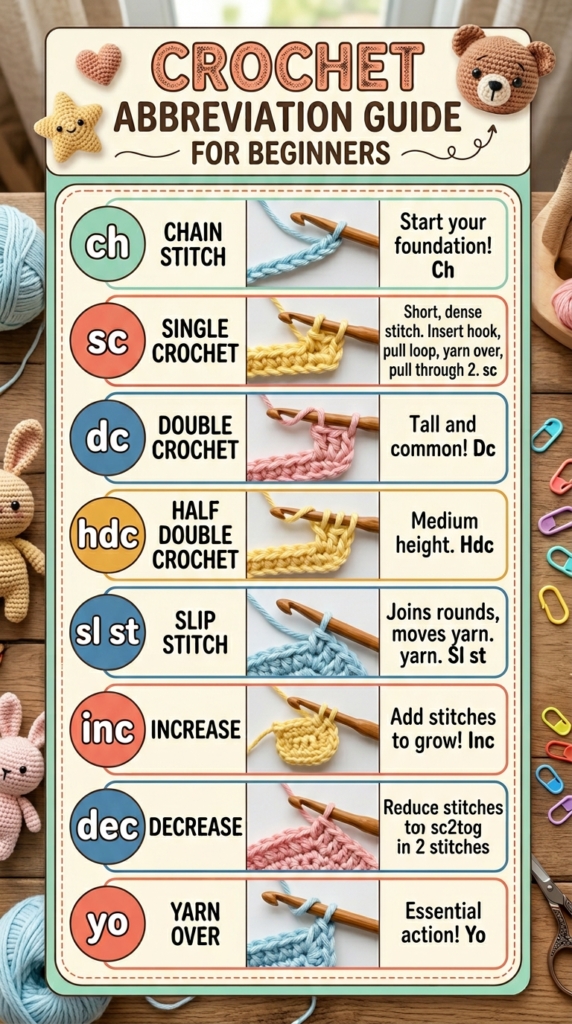 Close-up image showing beginner crochet stitches and common amigurumi abbreviations.