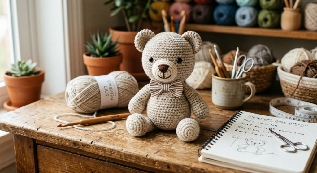 Crochet teddy bear with bow tie beside yarn and crochet hooks on a cozy crafting table.