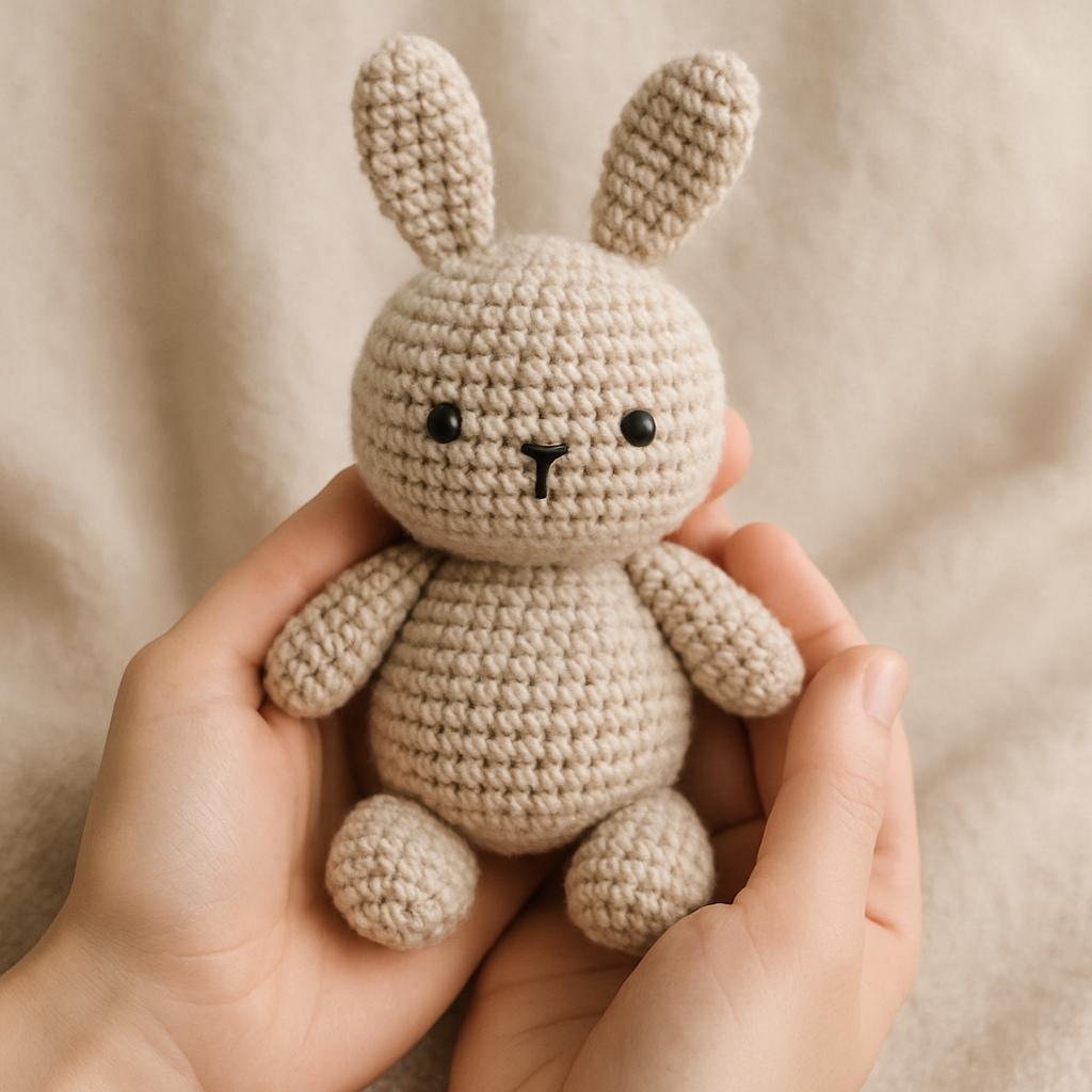 Beginner holding finished crochet bunny plush toy