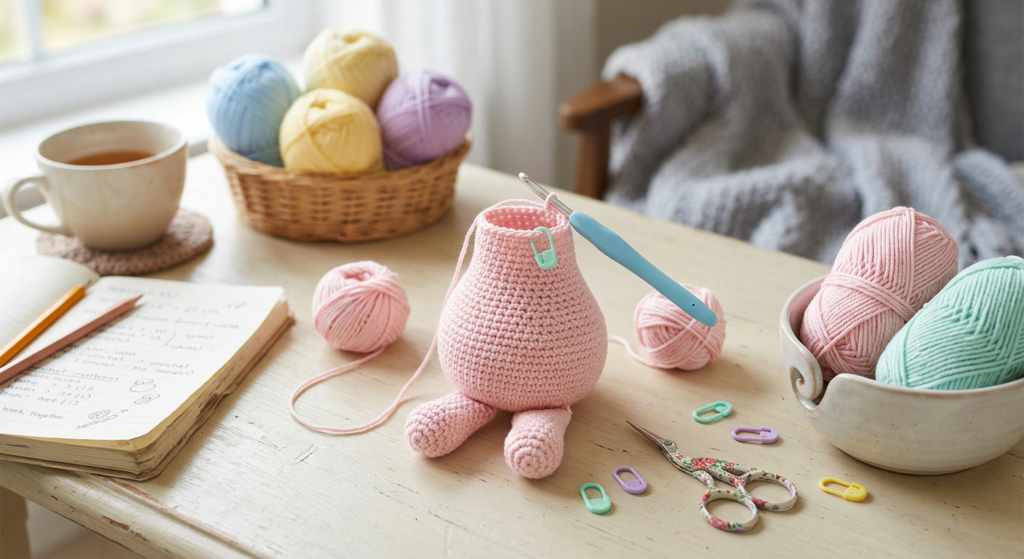 Crochet bunny body and legs in progress on crafting table
