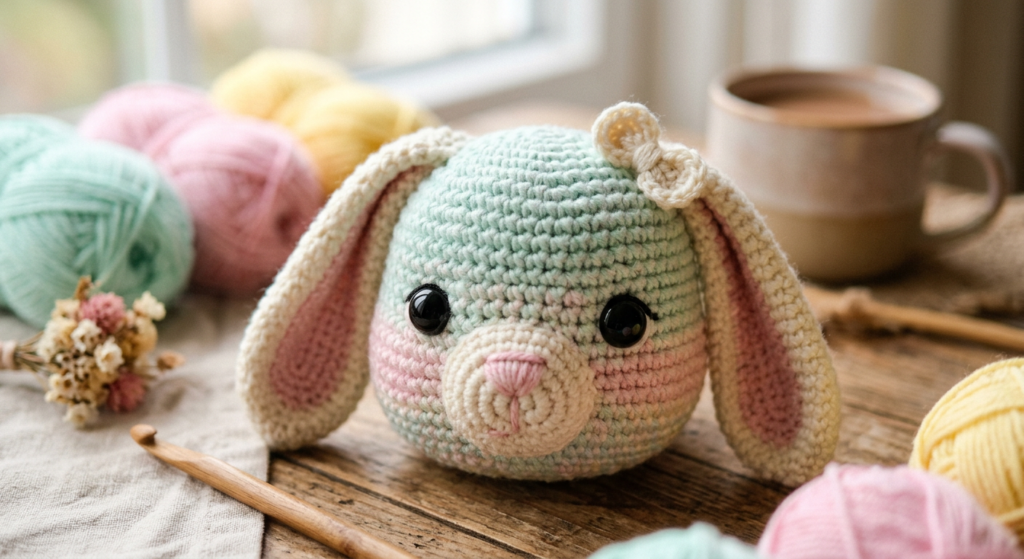Close-up of crocheted bunny head with safety eyes attached