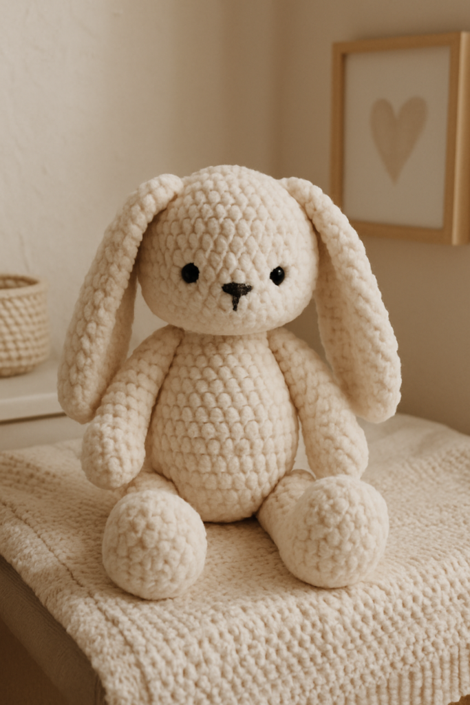 Finished crochet bunny with floppy ears and fluffy tail