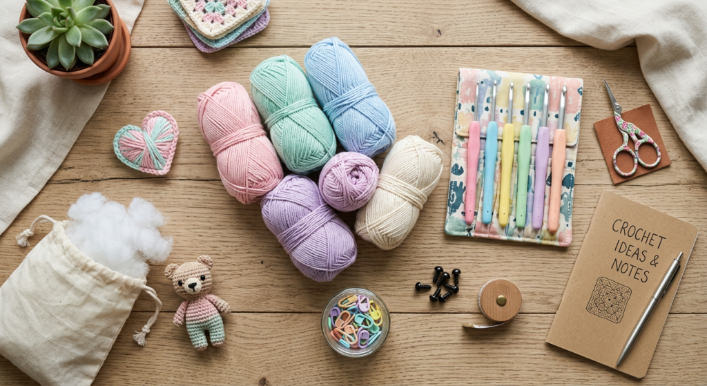 Crochet supplies arranged neatly for making an amigurumi bunny