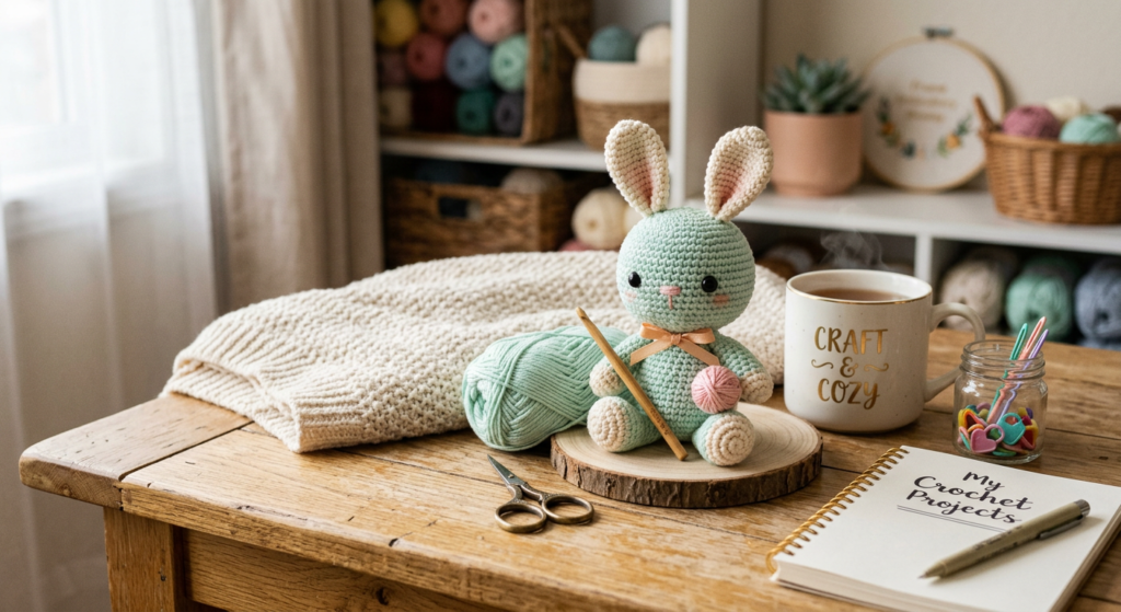 Beginner crochet bunny amigurumi sitting on a wooden table with yarn and crochet hook