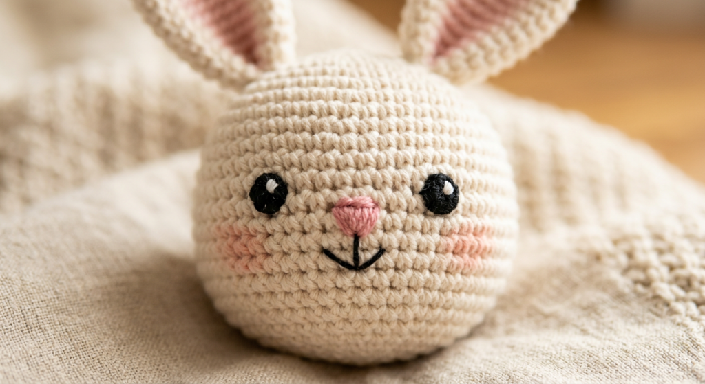 Cute crocheted bunny face with pink cheeks and floppy ears.