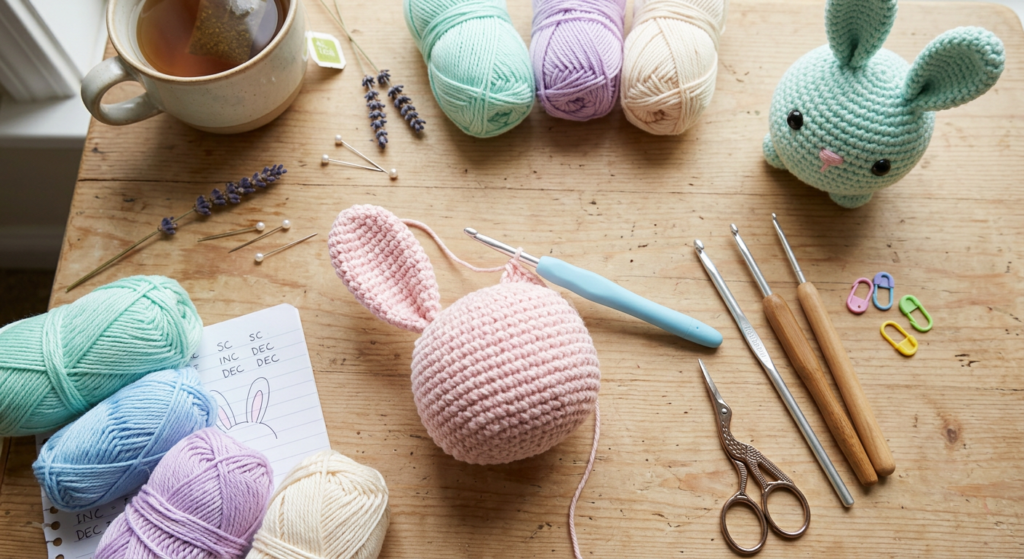 Pastel crochet bunny project with yarn, hooks, and crafting tools arranged on a cozy wooden workspace.