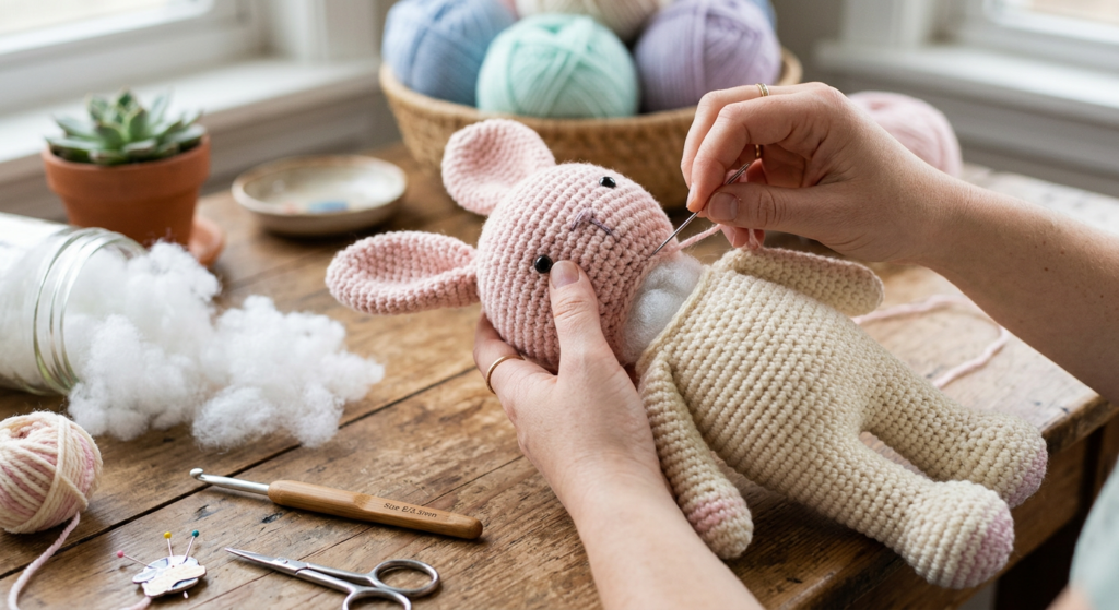 Hands stuffing a handmade crochet bunny doll at a crafting table. 