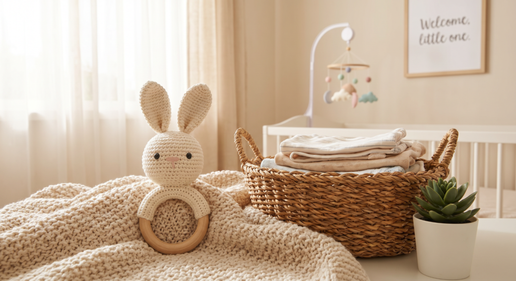 Neutral-toned crochet bunny baby rattle displayed on a knitted blanket in a cozy nursery with wicker basket decor.