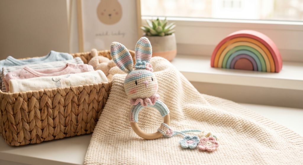Pastel rainbow crochet bunny rattle resting on a cream knitted blanket beside baby clothes and nursery decorations in soft sunlight.