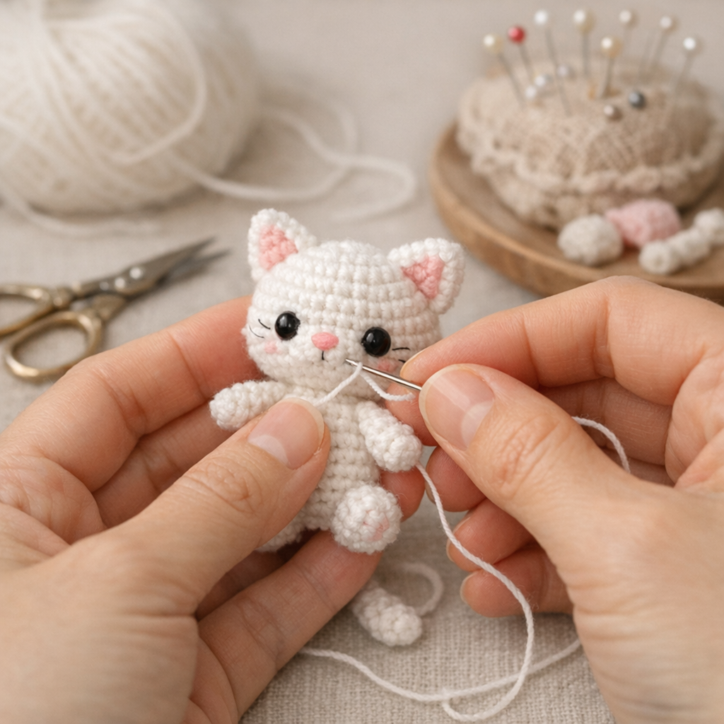 Assembling a crochet white kitten amigurumi by hand.