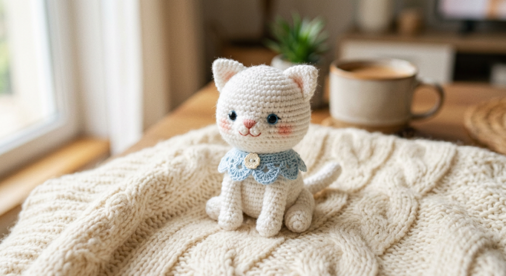 Cute white crochet kitten amigurumi with blue collar and embroidered face.