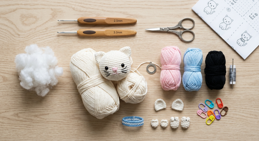 Crochet supplies needed for making a white kitten amigurumi.