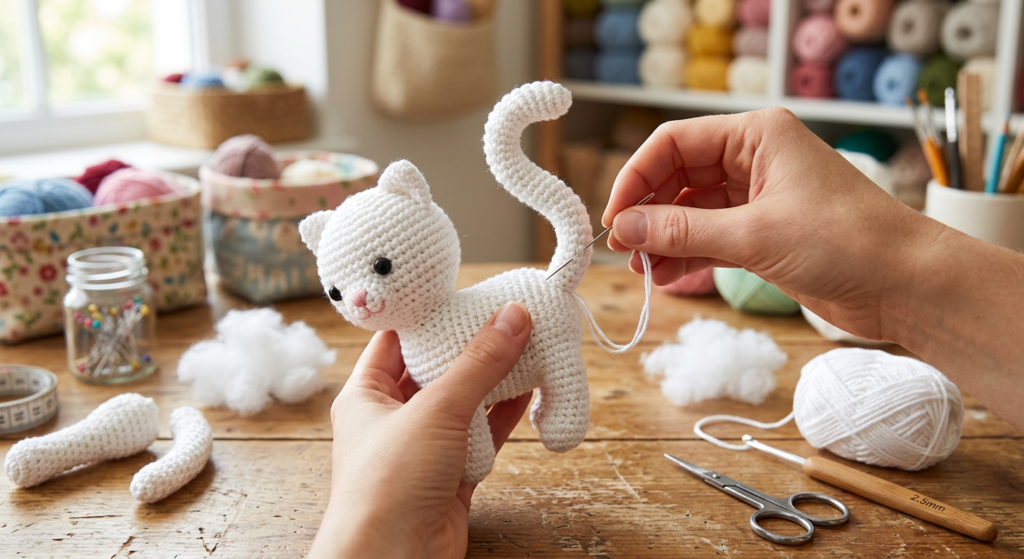 Crochet kitten body and tail being assembled.