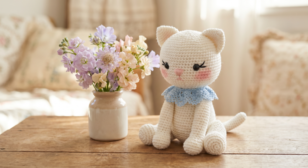 Finished white crochet kitten with lace collar and embroidered face.