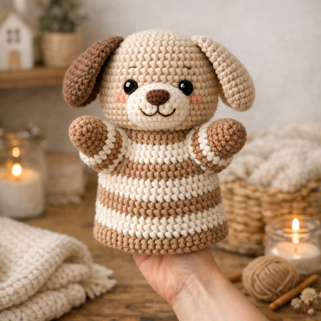 Handmade crochet dog hand puppet in neutral yarn colors.