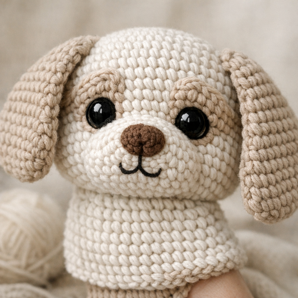Close-up of crochet dog puppet face with floppy ears.