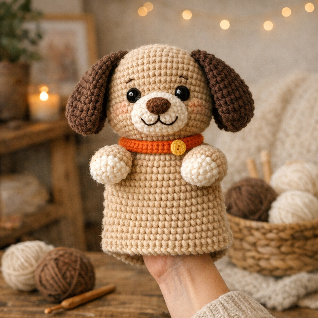 Finished crochet dog hand puppet ready for play.