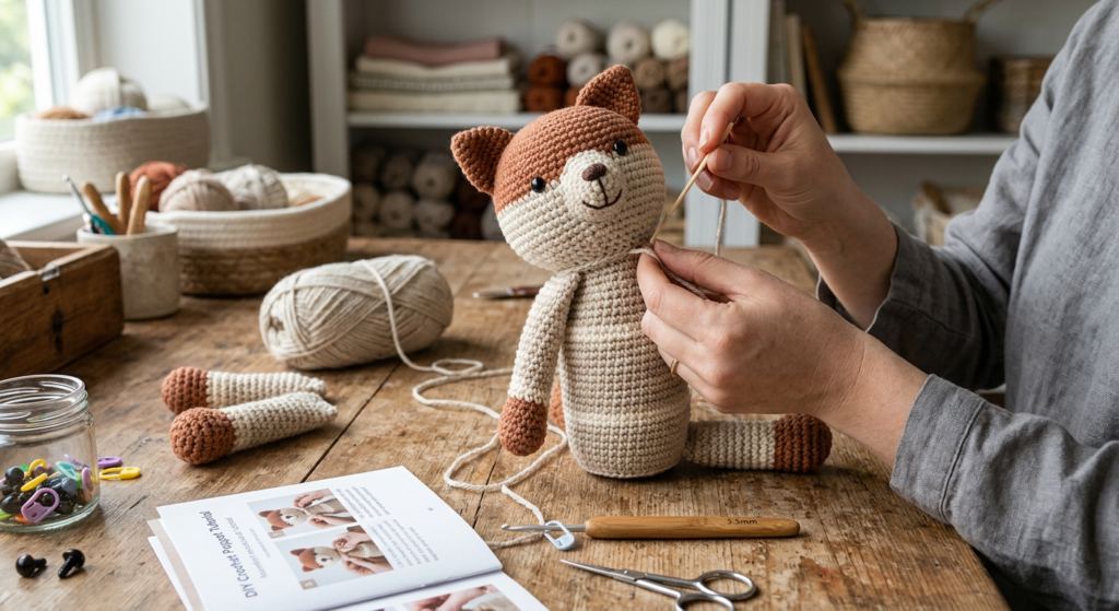 Hands assembling a crochet dog hand puppet.