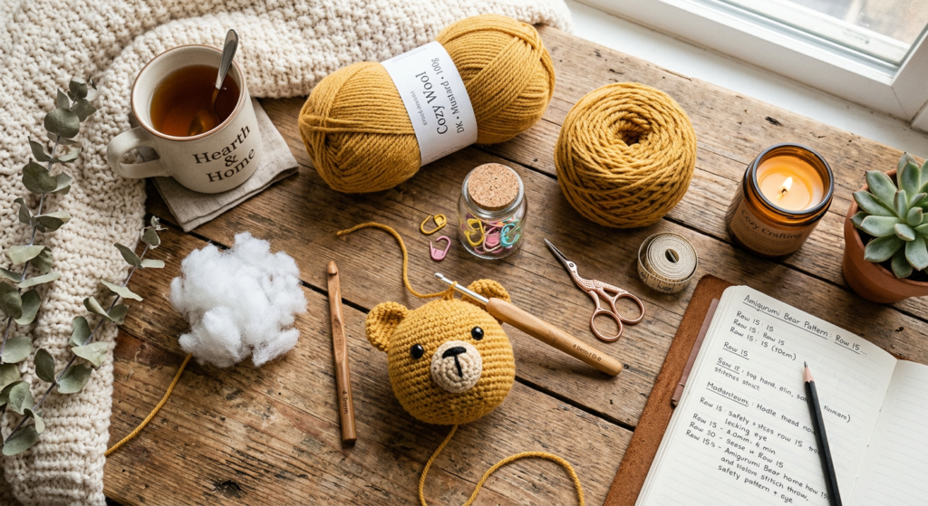 Crochet supplies arranged neatly for making a dog hand puppet.