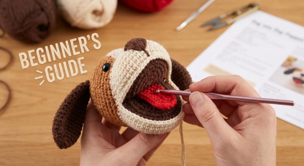 Crocheted dog puppet mouth with red tongue detail.