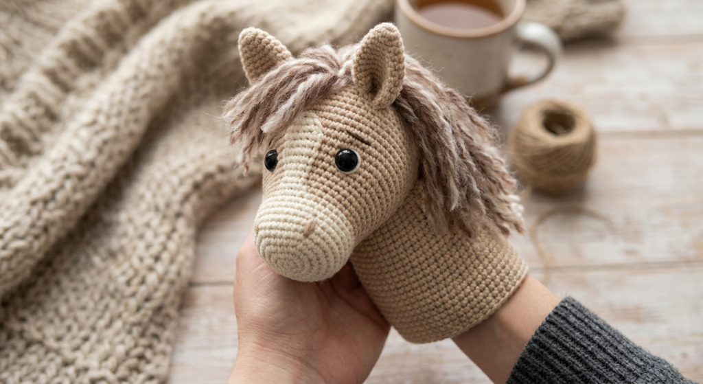 Handmade crochet horse hand puppet with fluffy mane and soft neutral yarn colors.