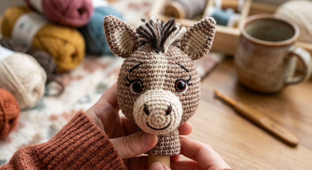 Crochet horse puppet face with detailed eyes, ears, and nostrils attached.