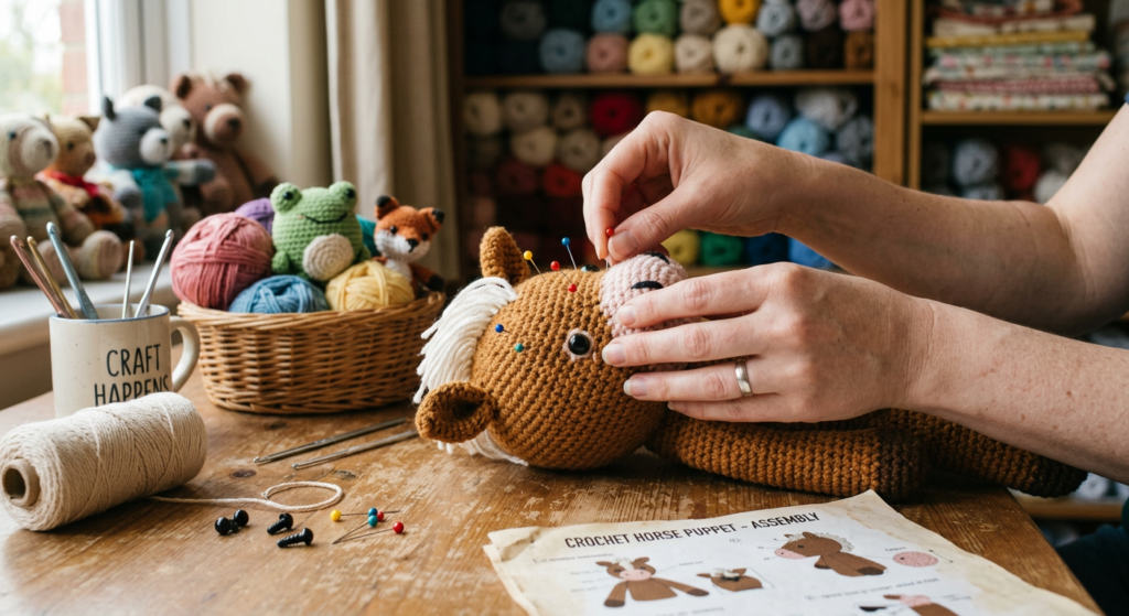Assembling and pinning crochet horse puppet facial features before sewing.