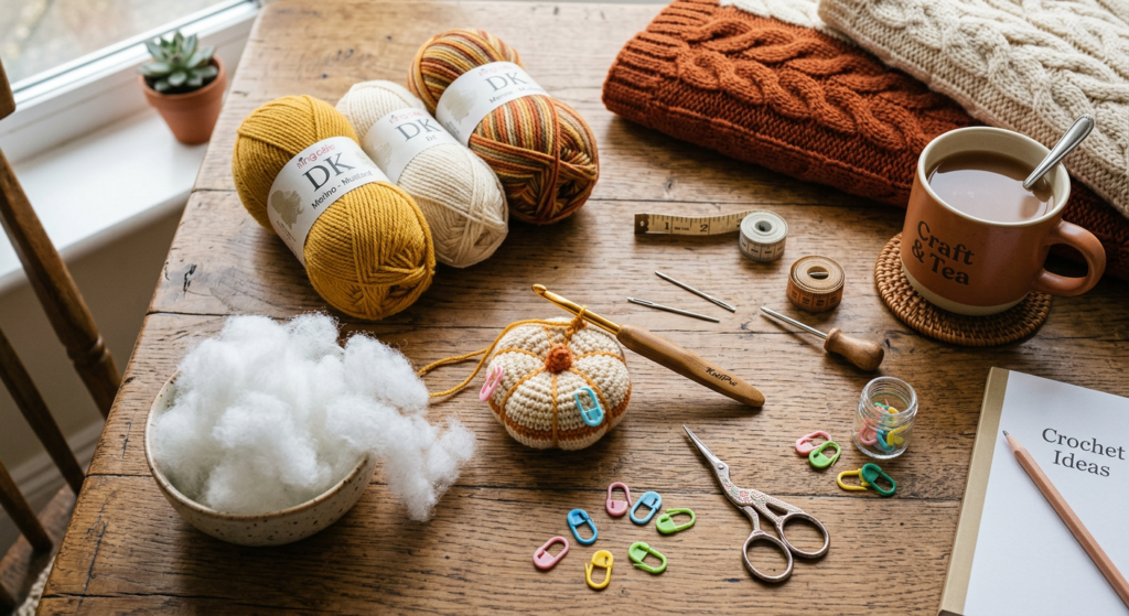 Crochet supplies including yarn, hook, stitch markers, and stuffing for horse puppet projects.