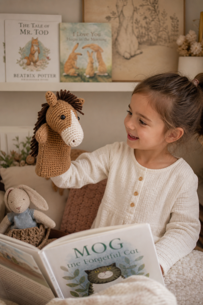 Child playing with handmade crochet horse hand puppet during storytelling.