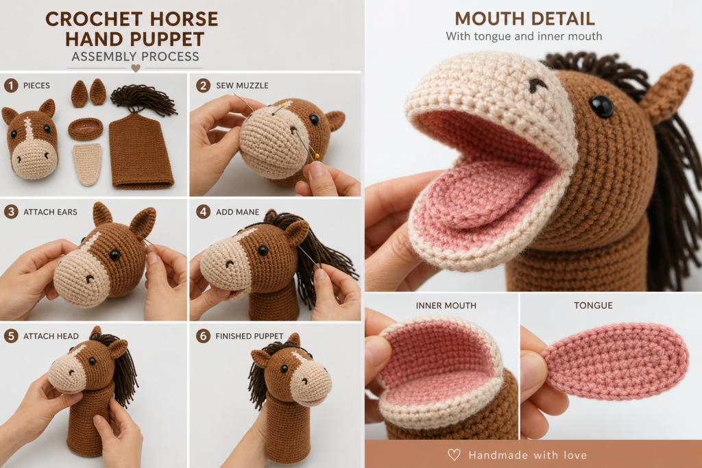 Close-up of crochet horse puppet mouth and tongue assembly process.