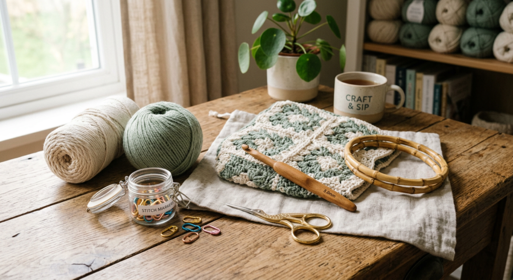 Crochet handbag supplies arranged neatly on a wooden table.