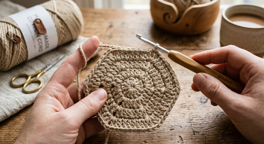 Crochet hexagon motif being worked with cord yarn and crochet hook.