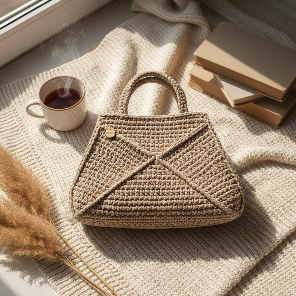 Handmade trapeze crochet handbag made with neutral cord yarn.