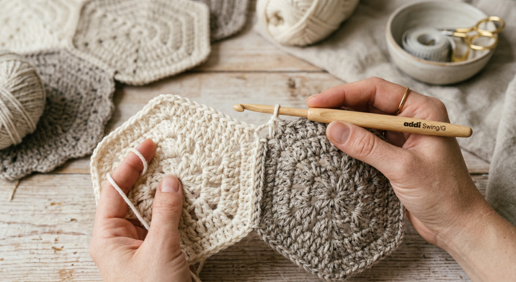 Crochet hexagons joined together to form handbag panels.
