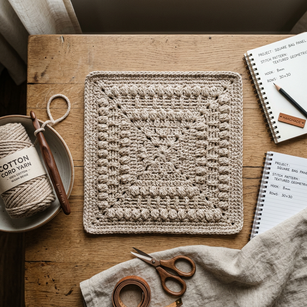 Square crochet panel for handmade trapeze bag.