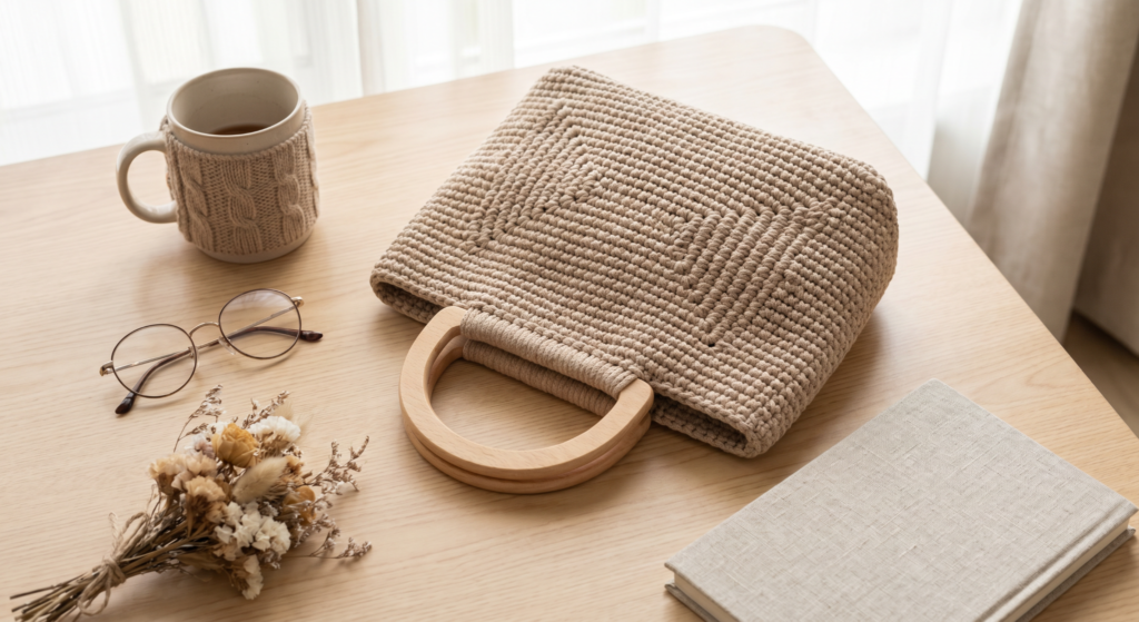 Finished trapeze crochet handbag with stylish handles.