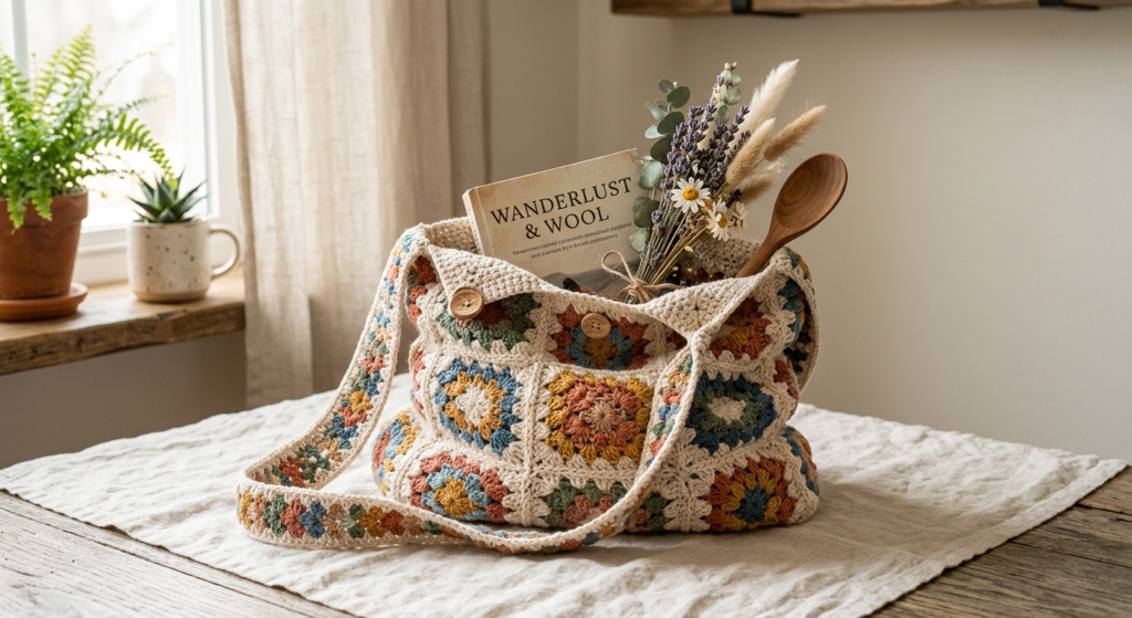 Handmade granny square crochet bag with modern boho design.