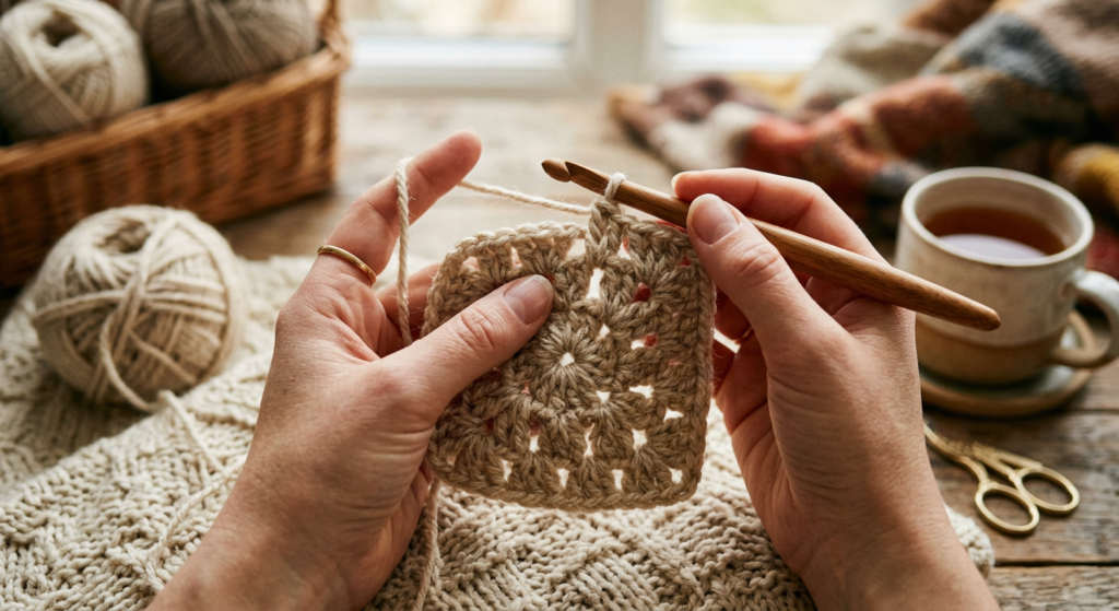 Crocheting the first granny square using a magic ring technique.