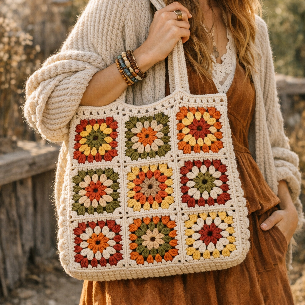 Woman carrying a handmade granny square crochet tote bag.