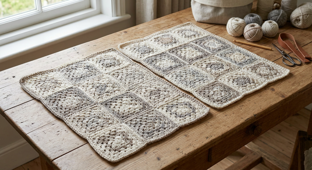 Finished granny square crochet panels ready for assembly.